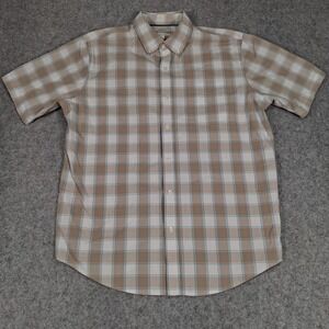 Croft & Barrow Button Down Shirt Mens L Tan Blue Plaid Short Sleeve Easy Care